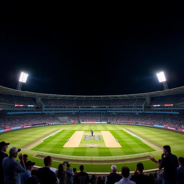 Crowd watching a live cricket match in a large stadium at night with bright floodlights and big digital scoreboards displaying match information